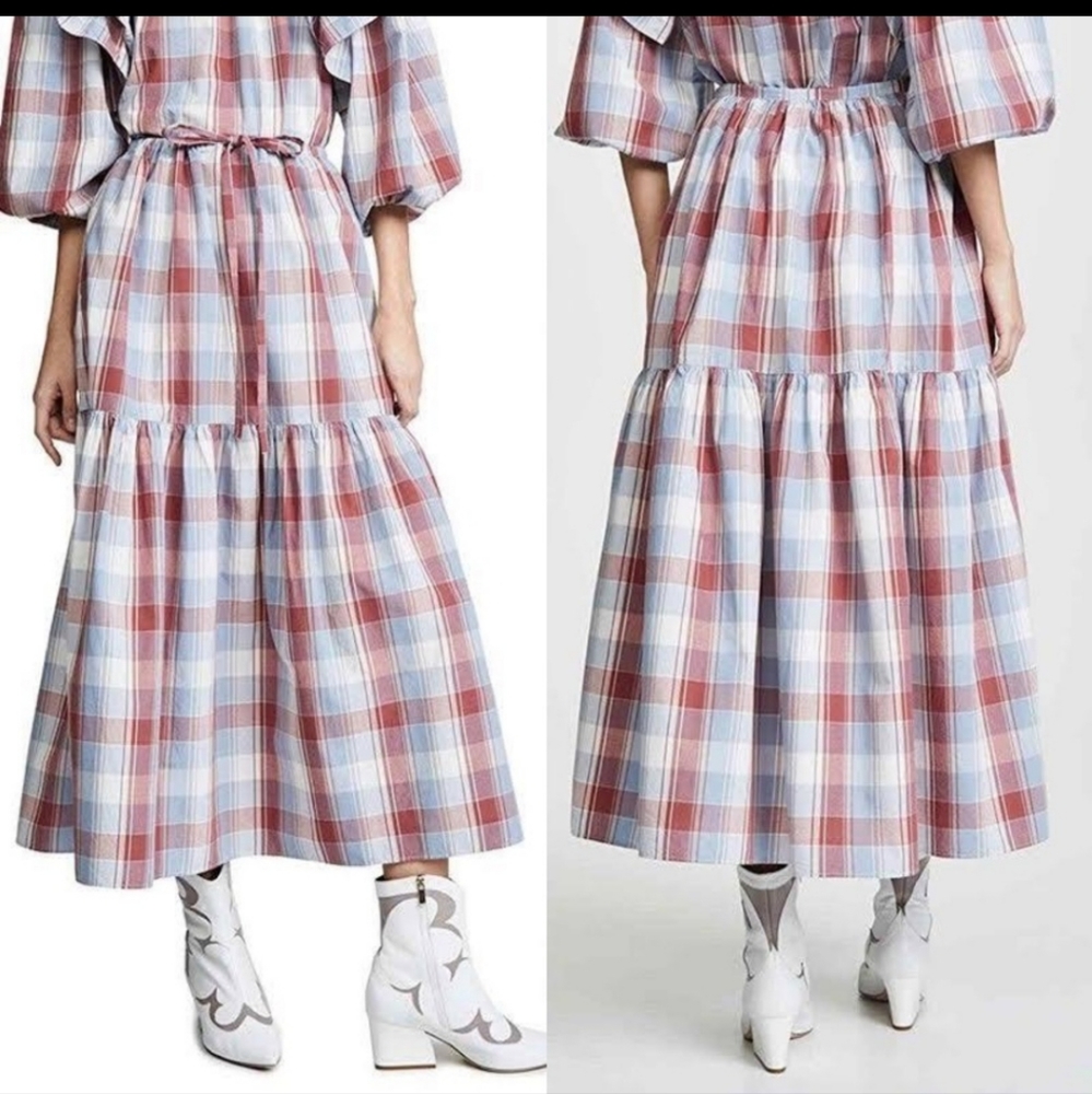 NWOT Ulla Johnson Madras Plaid Tiered Midi Skirt